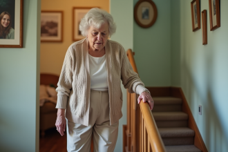 Femme âgée dans une maison avec escalier et main courante