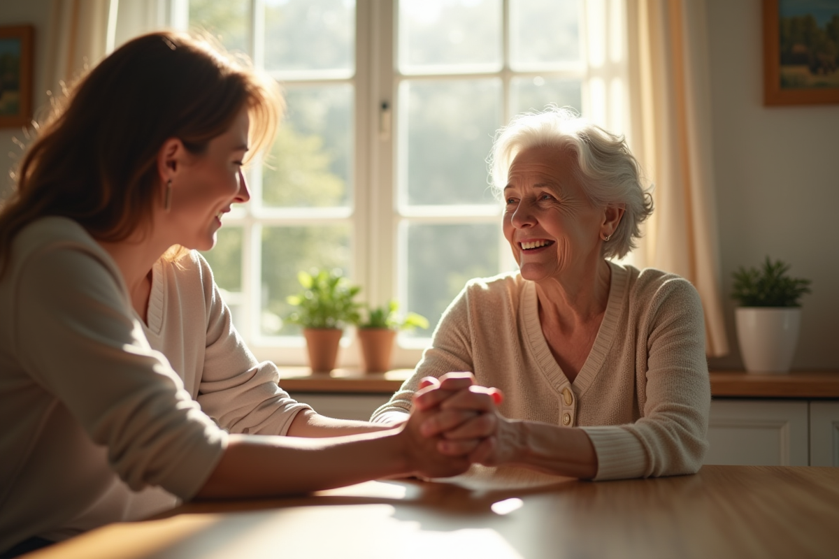 Femme âgée souriante avec un proche à la table