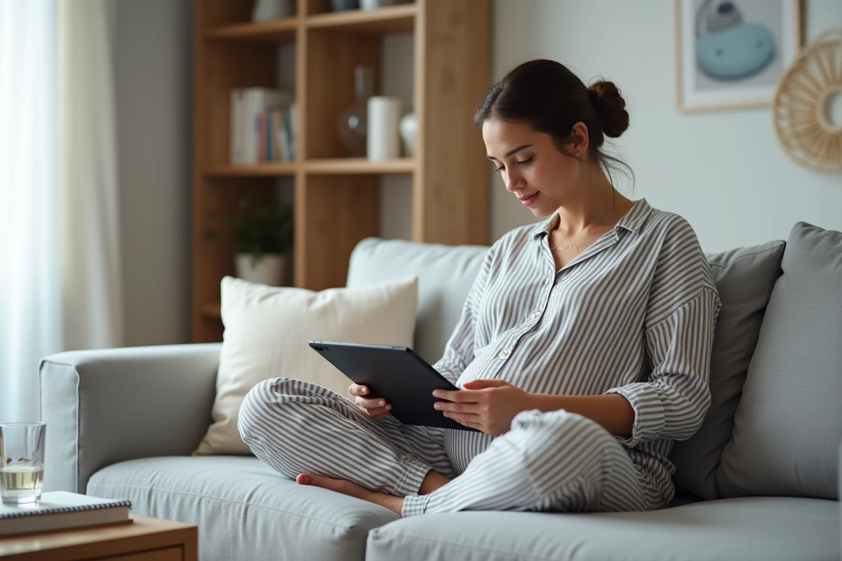 Femme enceinte consultant une application de suivi de grossesse sur tablette pour connaître sa DPA