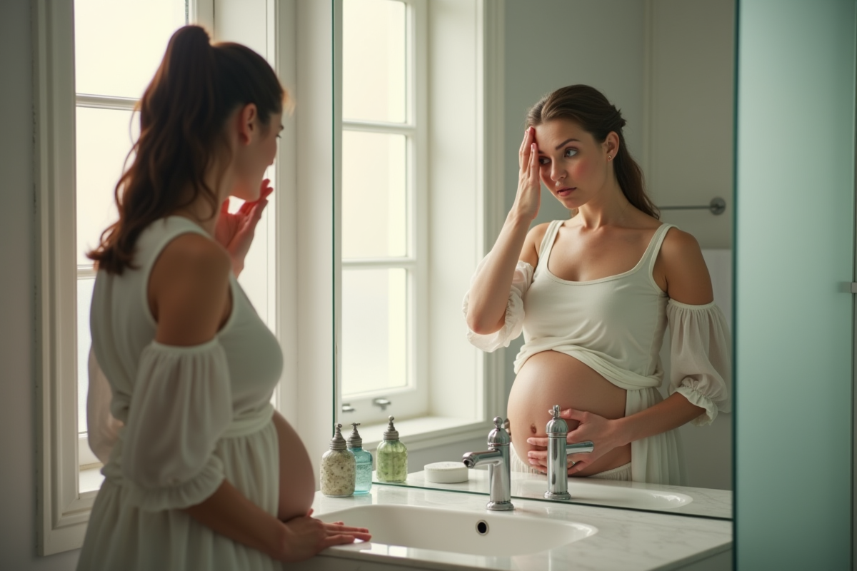 Femme enceinte se lavant le visage dans la salle de bain