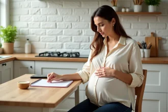 Femme enceinte consultant un calendrier pour calculer sa date prévue d'accouchement