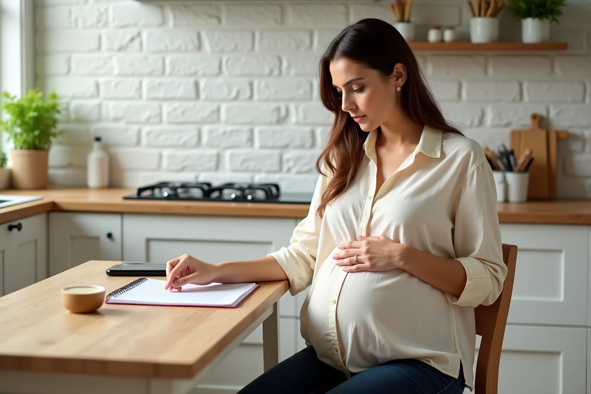 Femme enceinte consultant un calendrier pour calculer sa date prévue d'accouchement