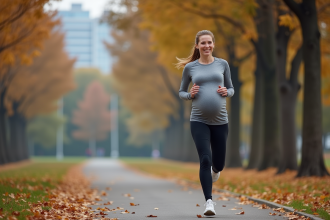 Femme enceinte courant dans un parc automnal