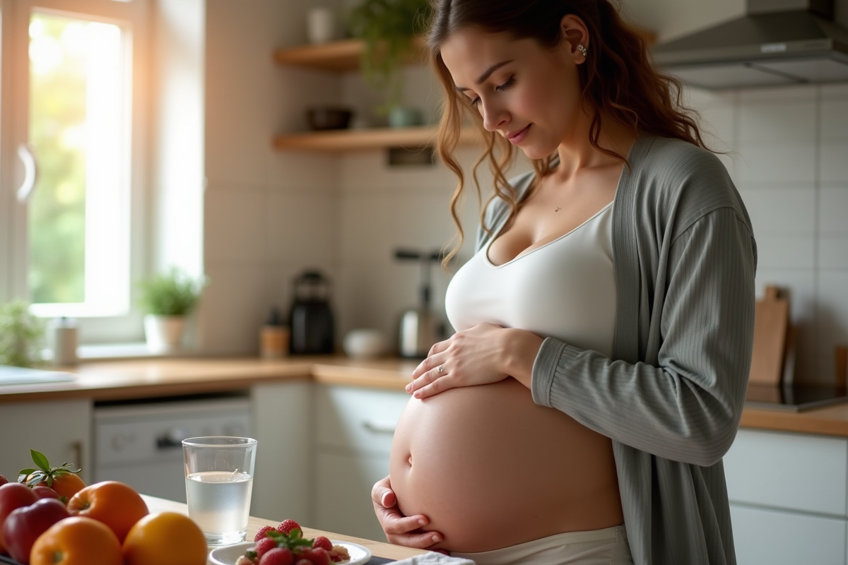 Femme enceinte dans la cuisine à la maison après un repas