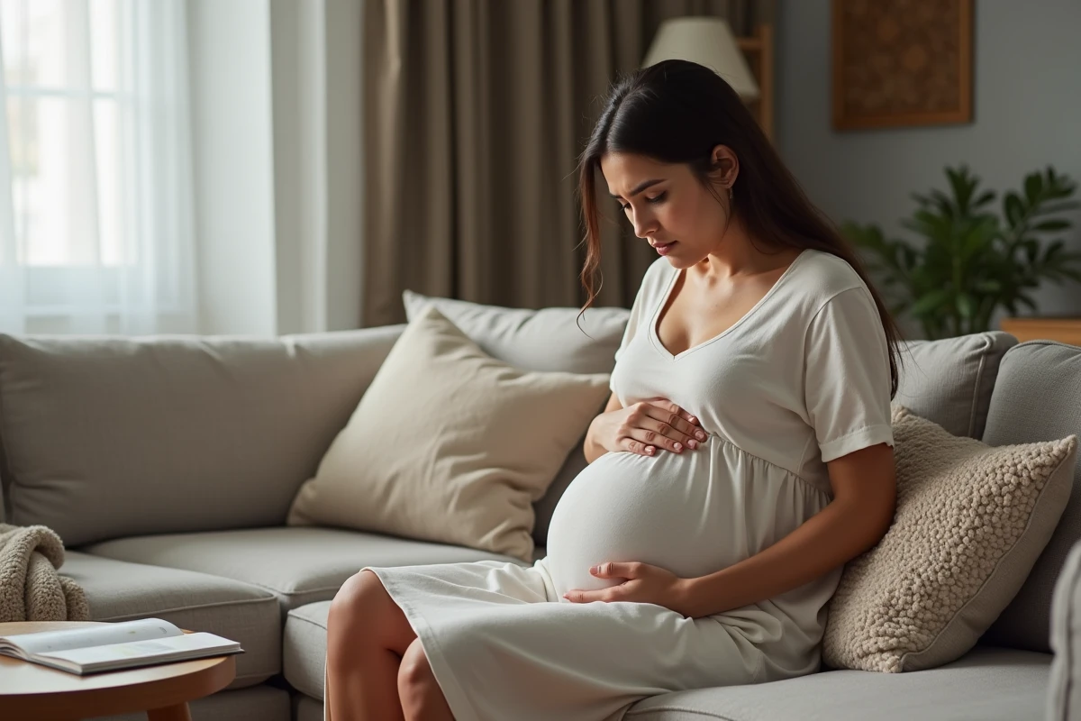 Femme enceinte assise dans un salon moderne et cozy