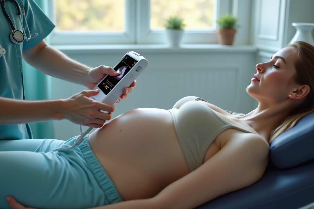 Femme enceinte lors d'une échographie avec un professionnel