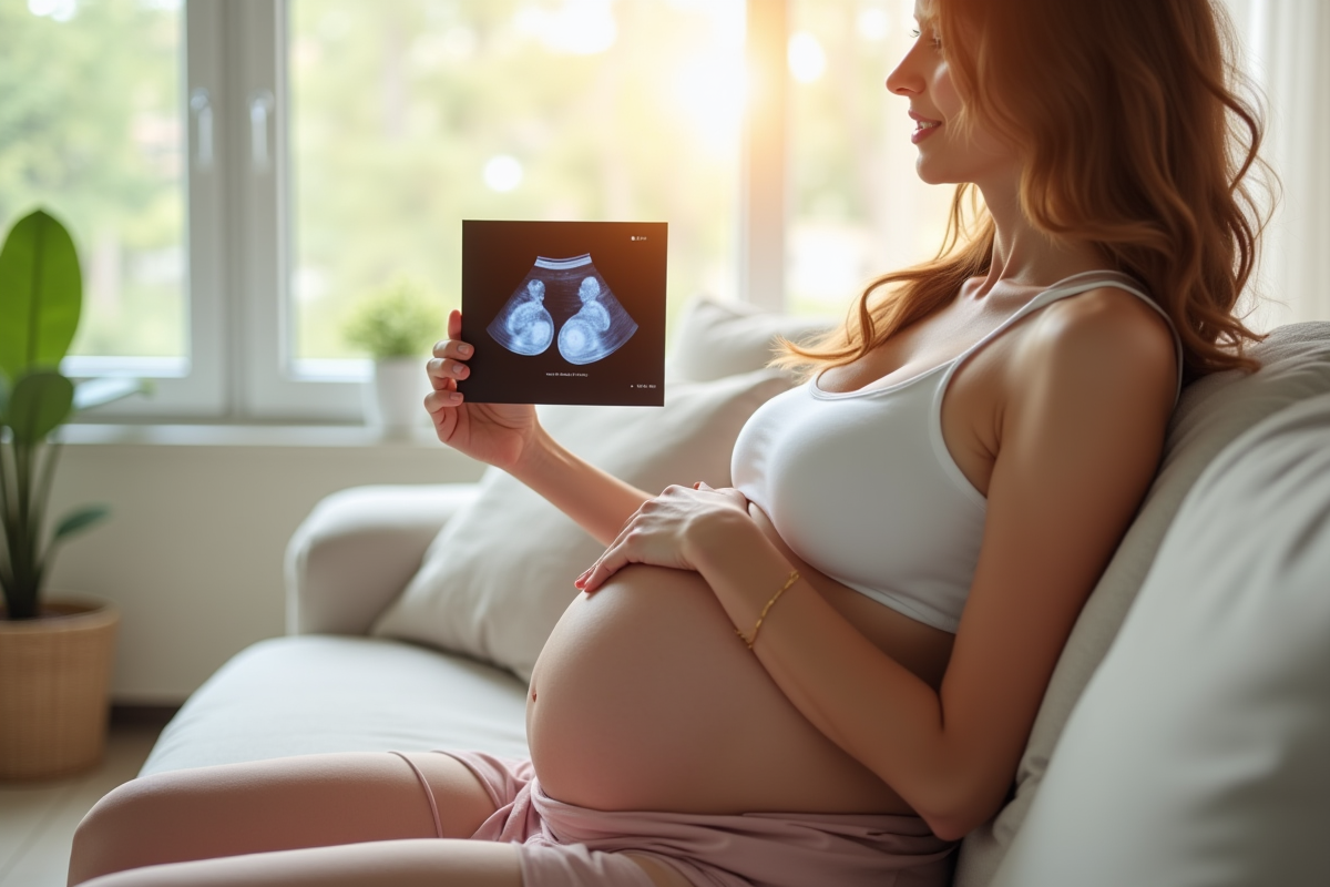 Femme enceinte tenant une échographie de deux embryons dans un salon lumineux