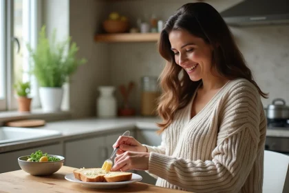 Femme enceinte souriante mangeant du toast au parmesan