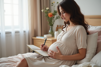 Femme enceinte écrivant dans un journal dans une chambre cosy