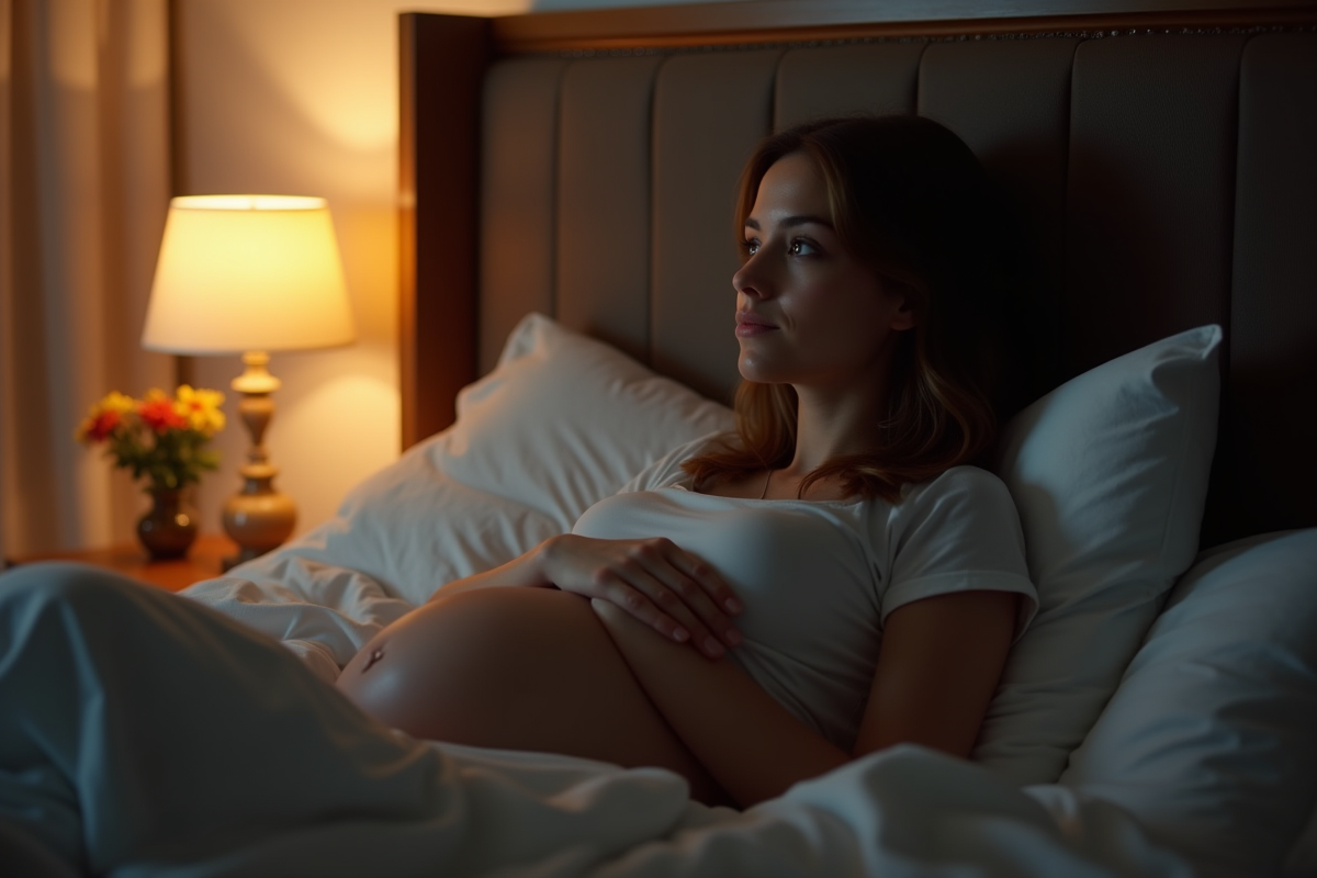 Femme enceinte assise au lit à 3h du matin dans une chambre chaleureuse
