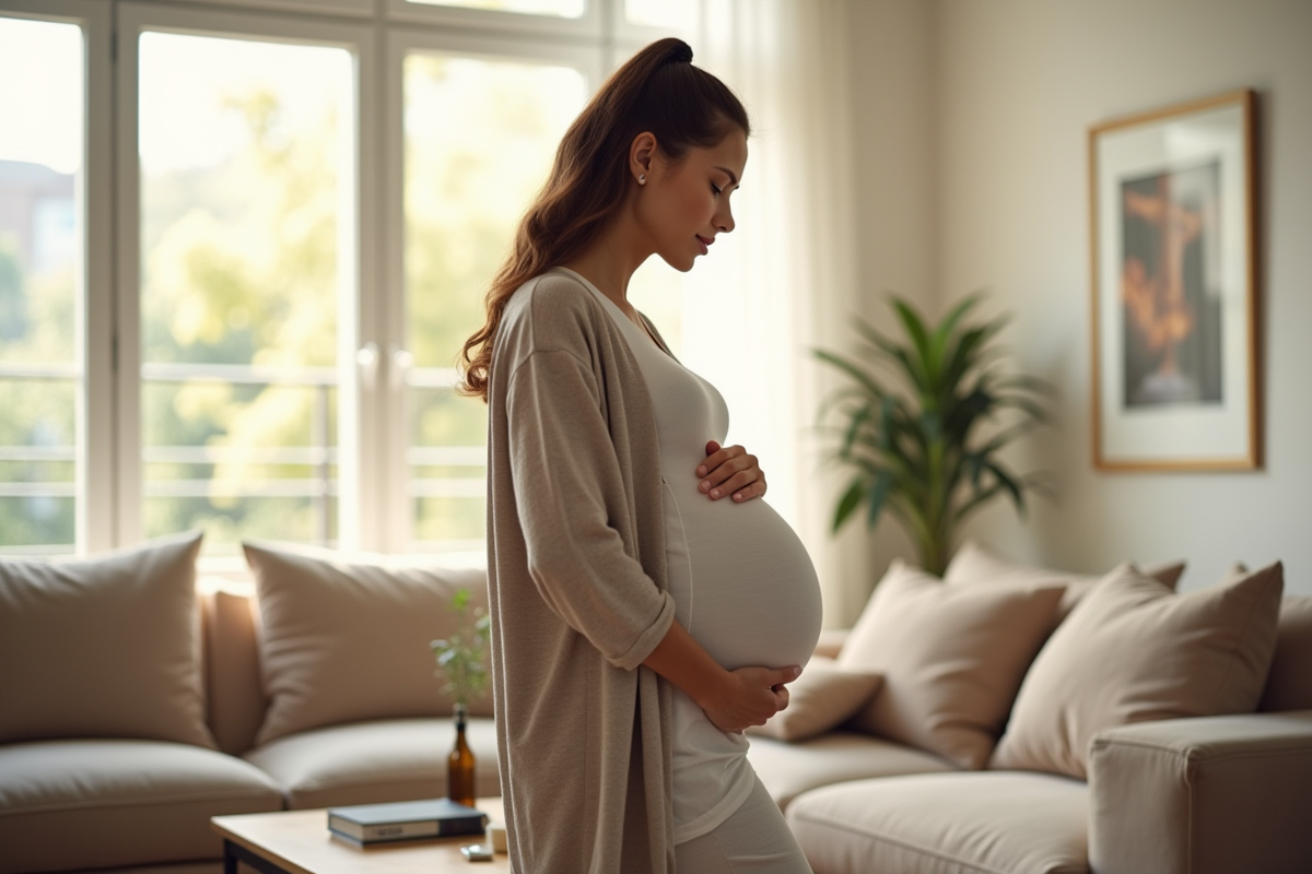 Femme enceinte dans un salon lumineux et moderne