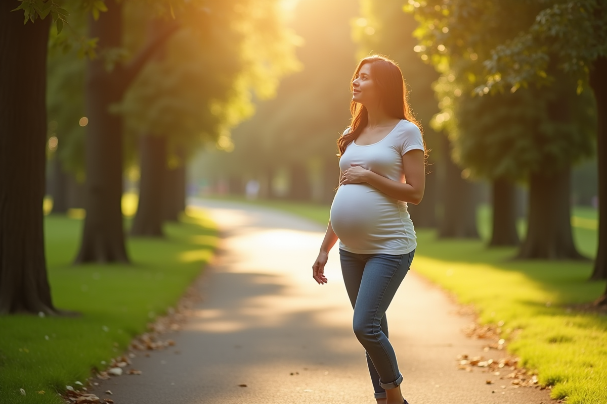 Femme enceinte marchant dans un parc ensoleille