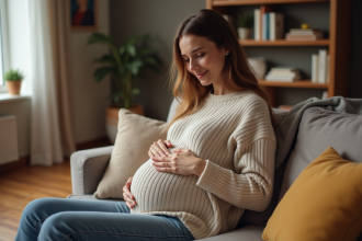 Femme enceinte souriante dans un intérieur chaleureux