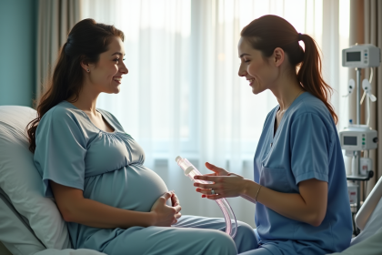 Femme enceinte en discussion avec une sage-femme dans une salle de maternité