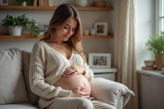 Femme enceinte dans un salon cosy et lumineux