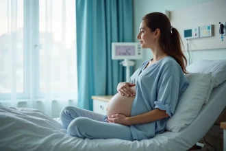 Femme enceinte assise dans une chambre d'hôpital moderne
