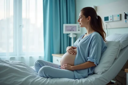Femme enceinte assise dans une chambre d'h&ocirc;pital moderne