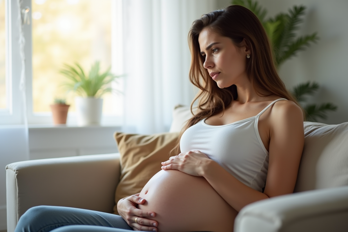 Femme enceinte assise sur un canapé dans un salon lumineux