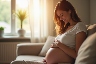 Femme enceinte souriante tenant son ventre dans un salon lumineux
