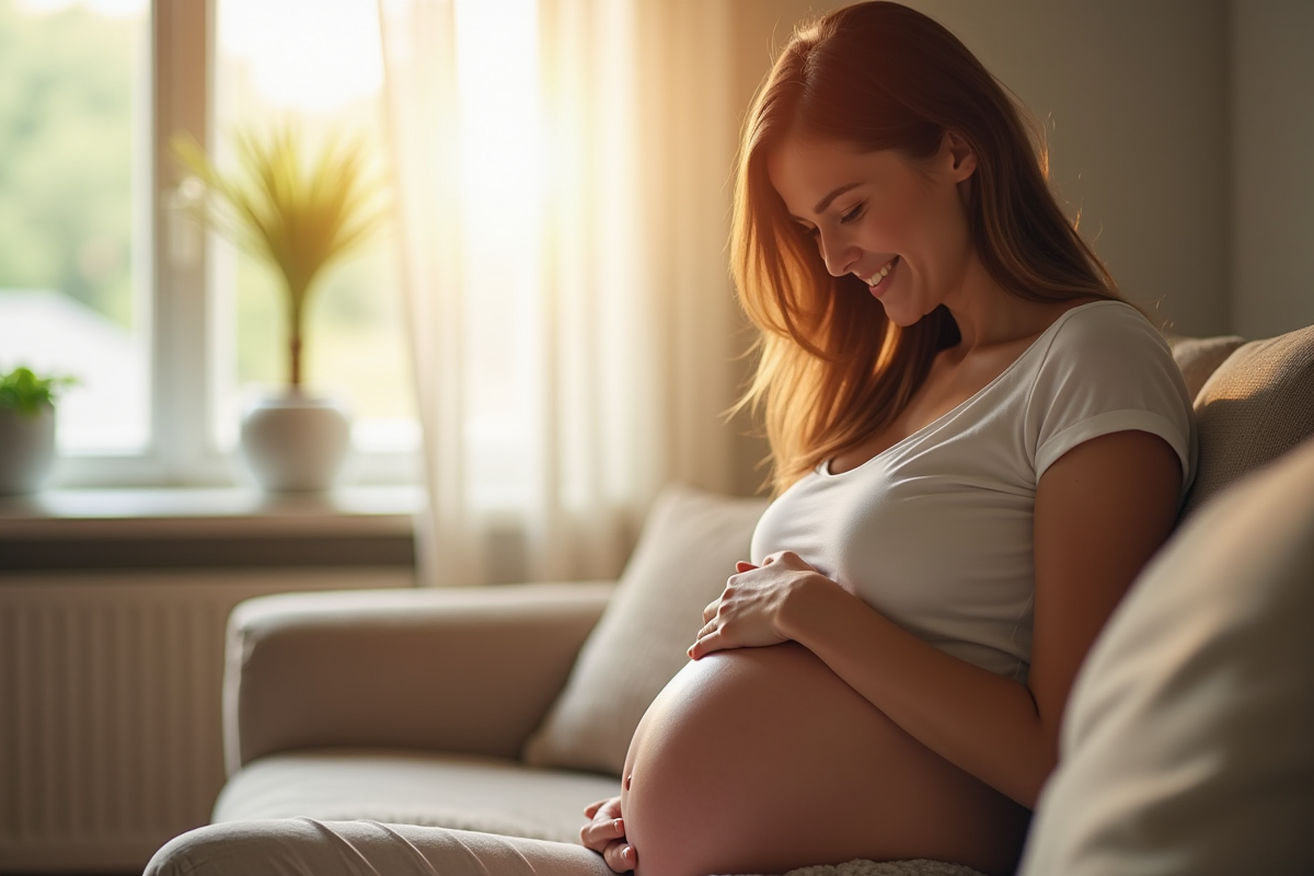 Femme enceinte souriante tenant son ventre dans un salon lumineux
