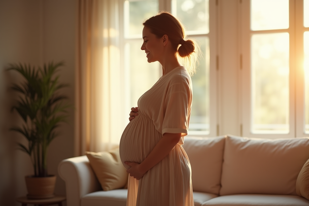 Femme enceinte souriante en profil dans un salon lumineux