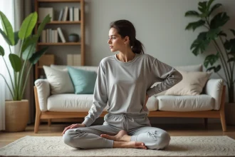Femme en détente s'étirant dans un salon moderne