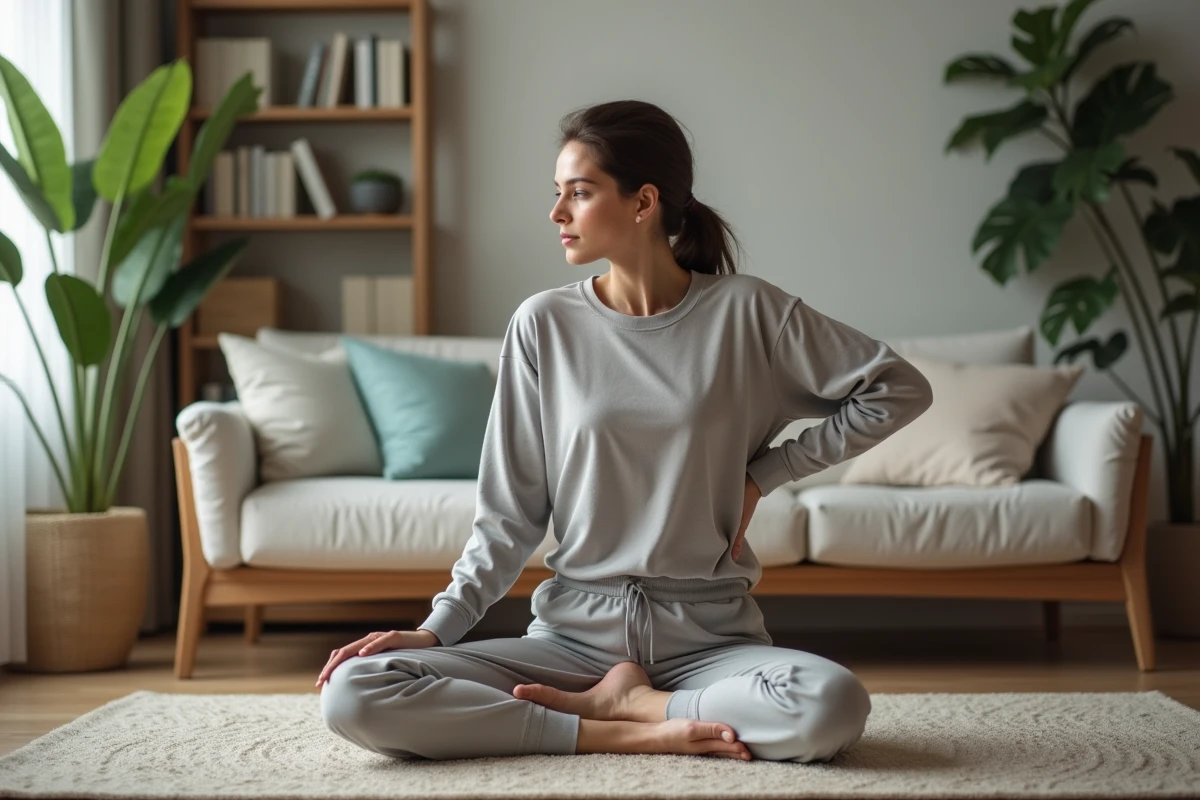 Femme en détente s'étirant dans un salon moderne