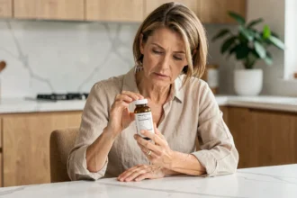 Femme examinant attentivement un flacon de complément alimentaire Glucavit dans une cuisine moderne, illustrant l'importance de lire les informations produit avant achat