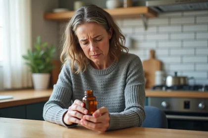 Femme examinant une bouteille de silicium organique G5 avec une expression préoccupée dans une cuisine