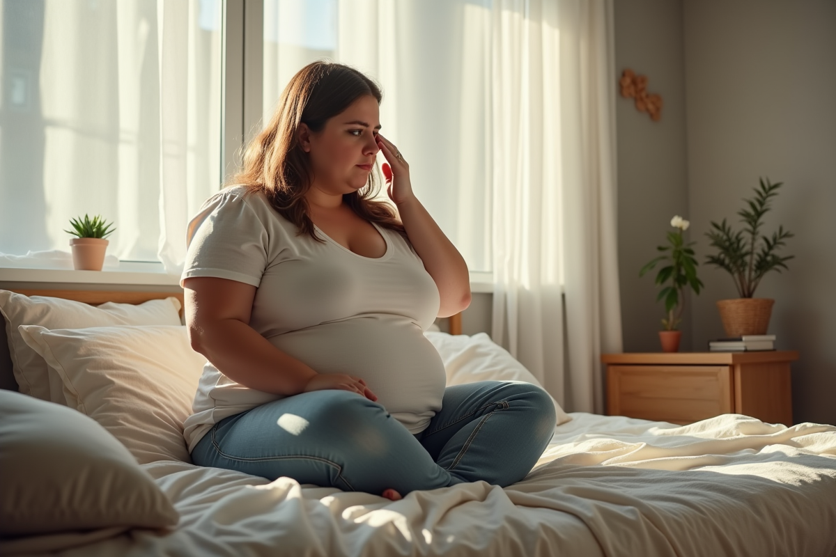 Femme en fatigue assise sur le lit dans une chambre lumineuse
