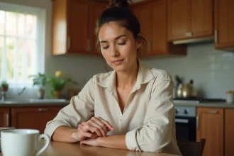 Femme se grattant la main gauche dans une cuisine, illustrant les démangeaisons de la peau au quotidien