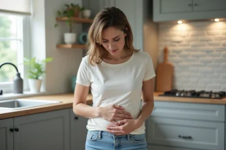 Femme préoccupée touchant son ventre dans la cuisine