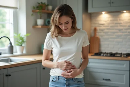 Femme pr&eacute;occup&eacute;e touchant son ventre dans la cuisine