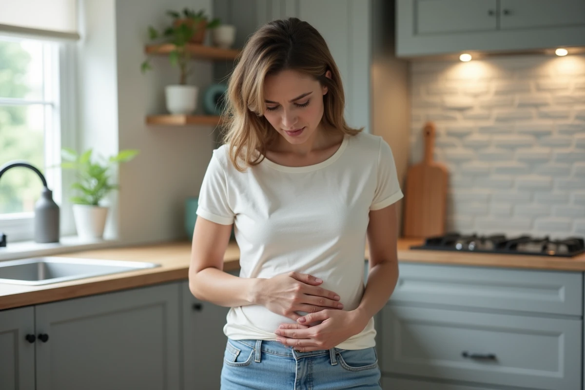 Femme préoccupée touchant son ventre dans la cuisine