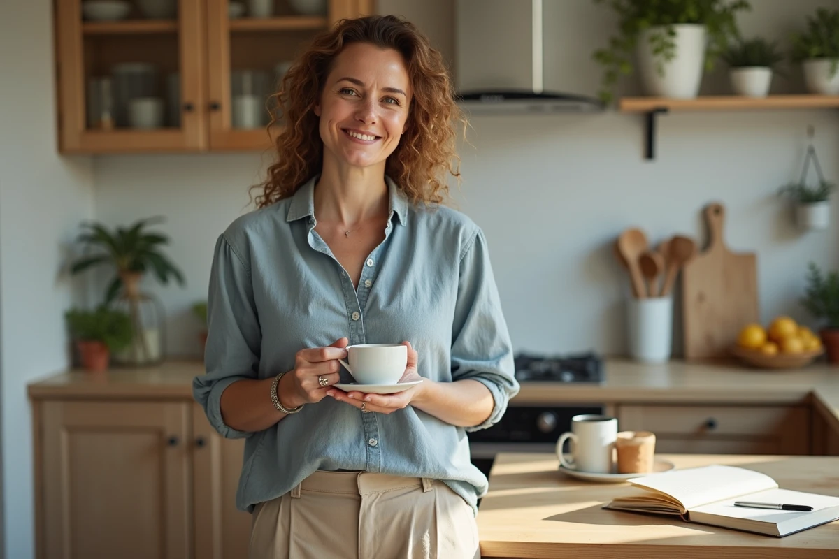 Femme souriante tenant une tasse de tisane dans sa cuisine après sa guérison de la maladie de Ménière