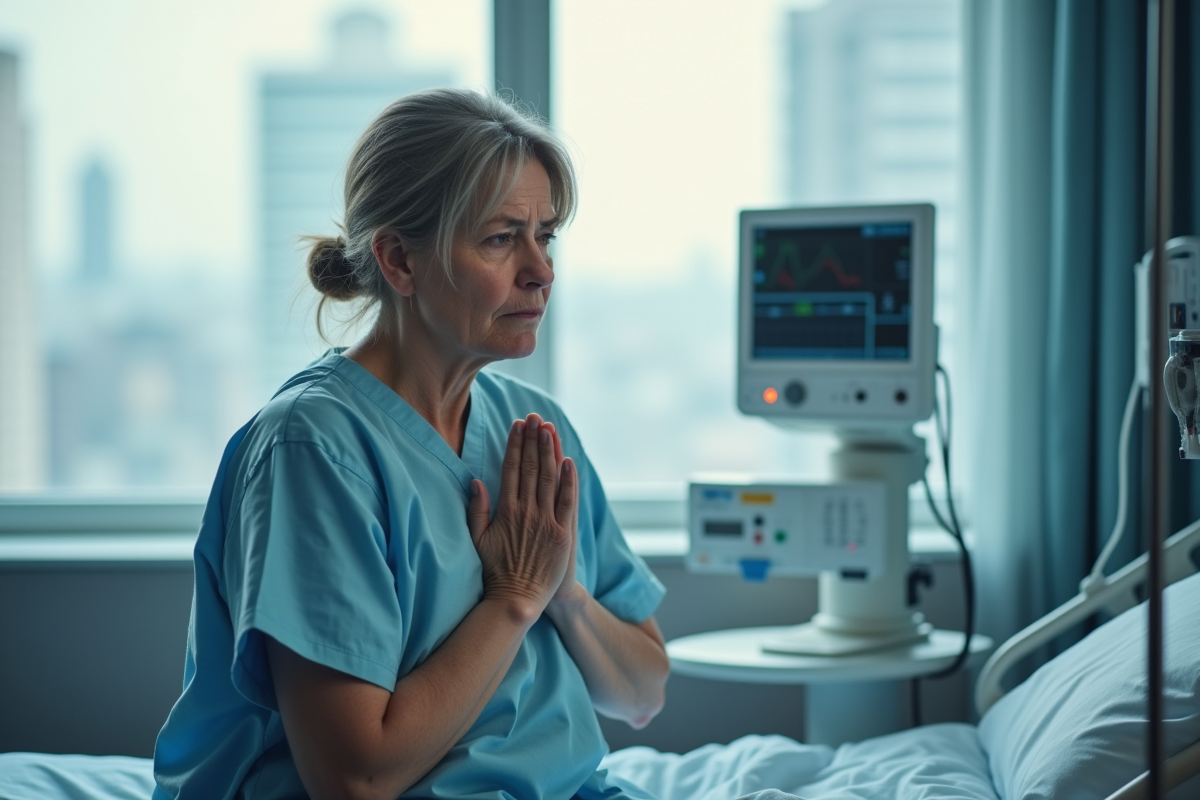 Femme hospitalisee respire doucement en salle d'auscultation