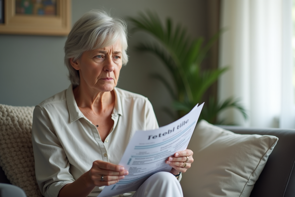 Femme inquiète tenant factures médicales et assurance