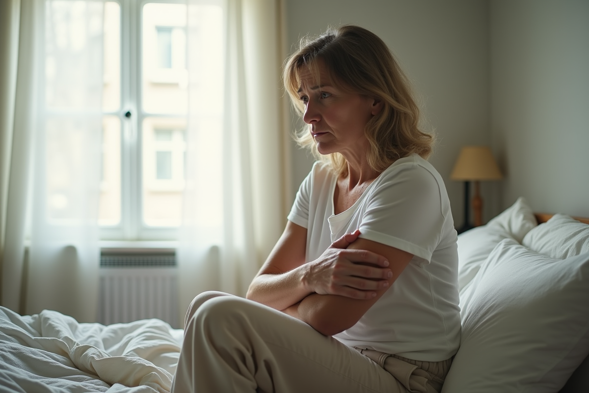 Femme inquiète assise sur le lit dans une chambre lumineuse