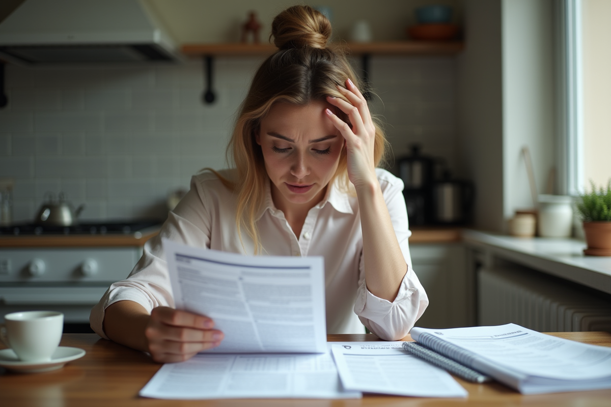 Femme inquiète à la table avec factures médicales