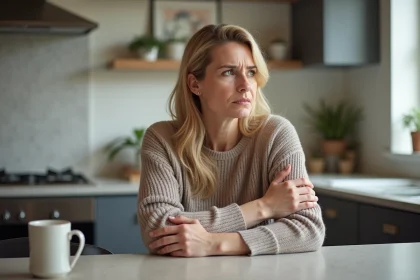 Femme d'&acirc;ge moyen inqui&egrave;te touchant son bras dans la cuisine