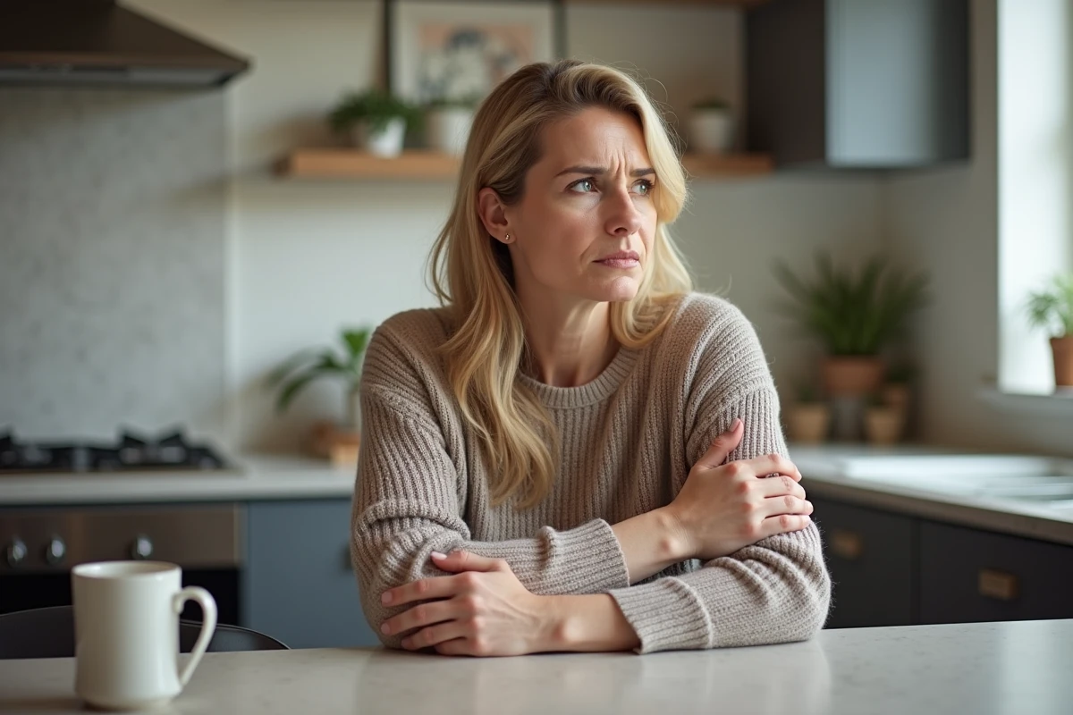 Femme d'âge moyen inquiète touchant son bras dans la cuisine