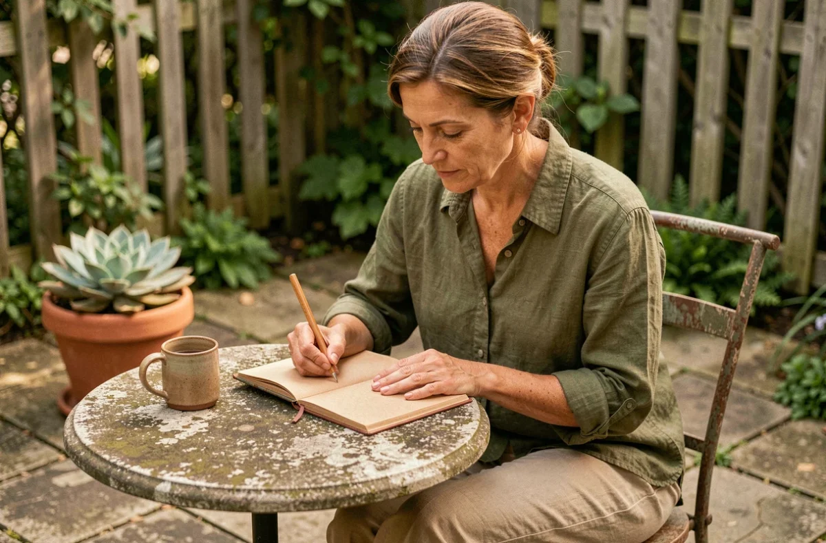 Femme écrivant dans un journal intime dans un jardin minimaliste symbole de vie zen et intentionnelle