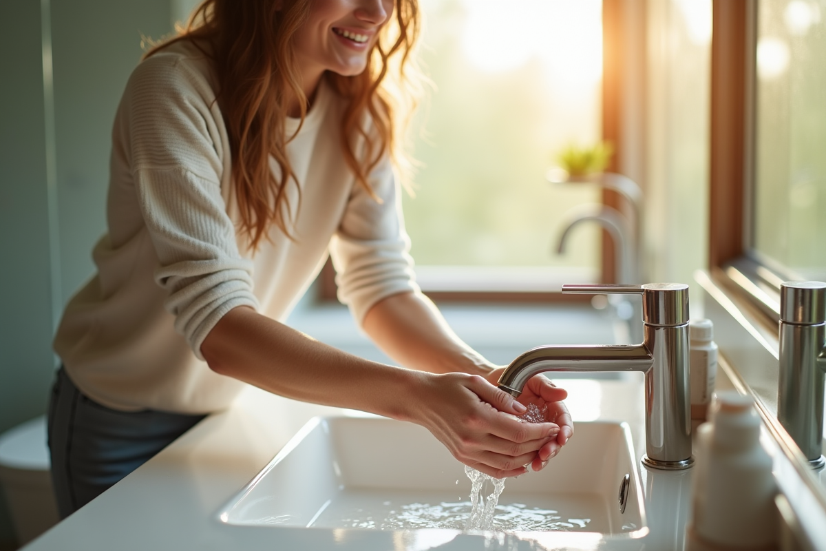 Femme lavant ses mains dans un lavabo lumineux