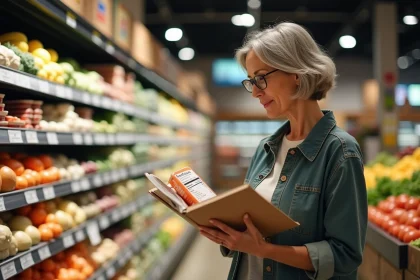 Femme lisant une &eacute;tiquette nutritionnelle dans un supermarch&eacute;