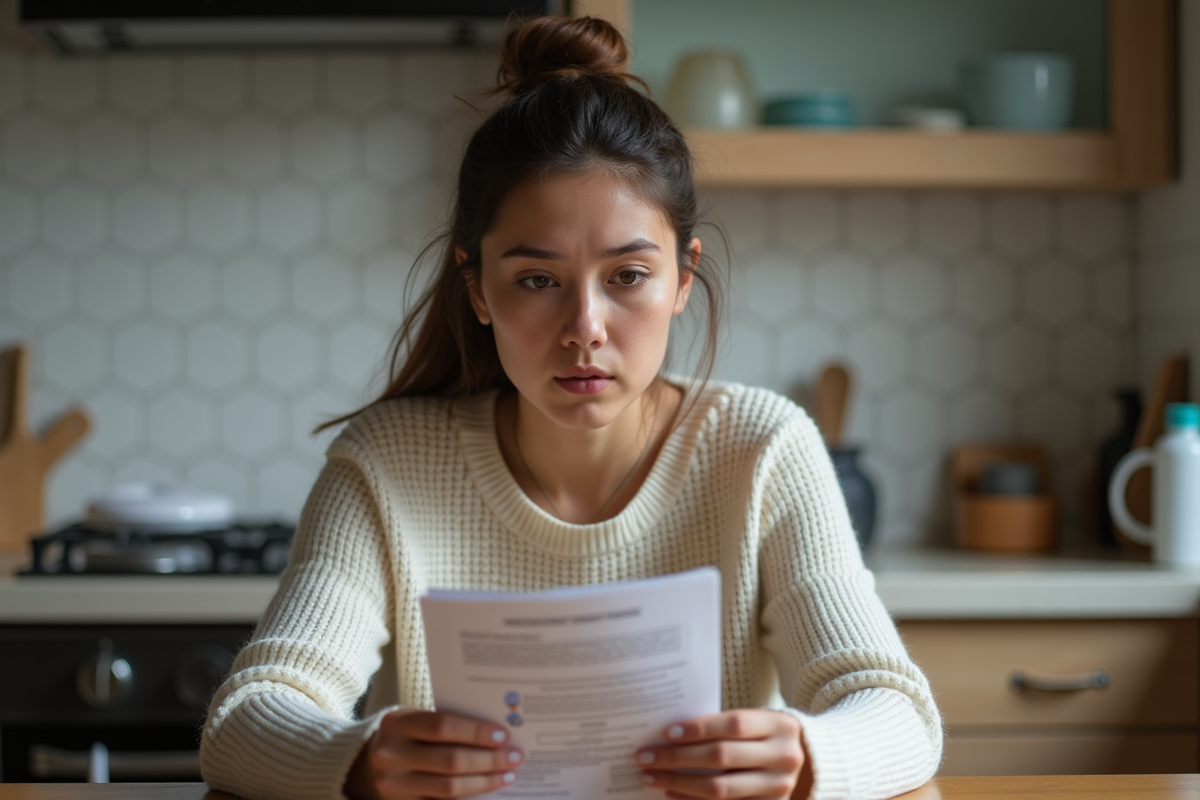 Jeune femme lisant un pamphlet sur les bacteries à la maison