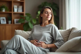 Femme assise sur un canapé avec mal de dos