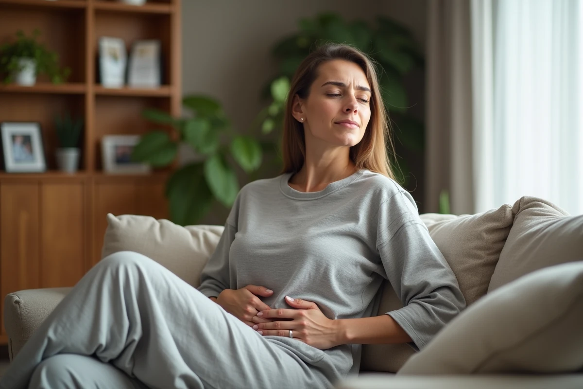 Femme assise sur un canapé avec mal de dos