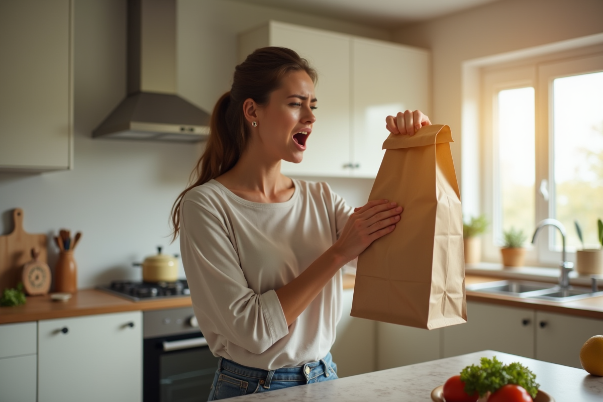 Jeune femme dans une cuisine en difficulté avec un sac léger
