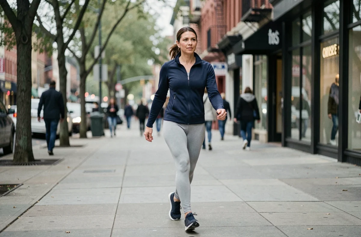 Femme marchant rapidement sur un trottoir urbain en tenue de sport, illustrant une marche à allure soutenue pour 10000 pas