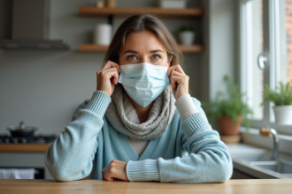 Femme d'âge moyen mettant un masque dans la cuisine